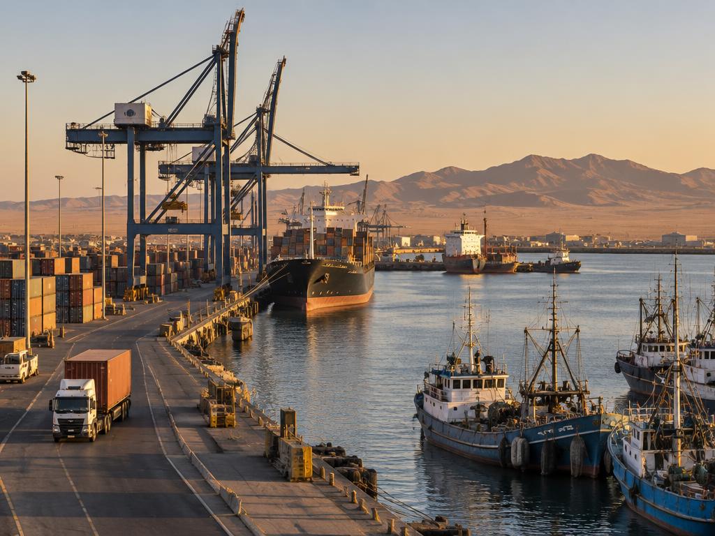 Illustrative Namibian cargo harbour with cranes, containers, ships and a truck